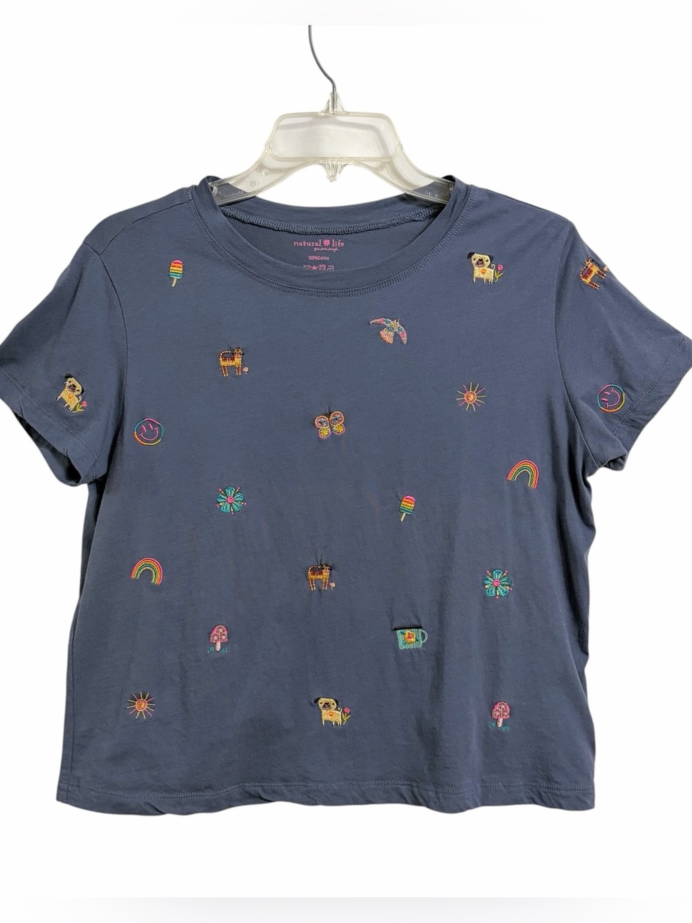 Natural Life Fave Little Things Embroidered Tee Shirt S Blue Whimsical Boho